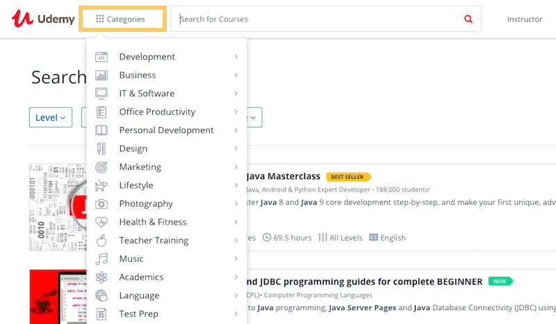 categories in udemy